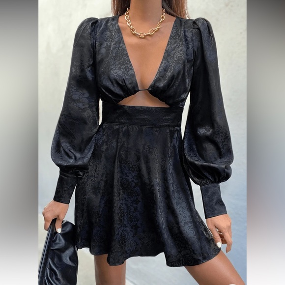 Elegant Black Dress with Puff Sleeves by Seven Wonders - Picture 1 of 3